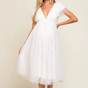 White Tulle V-Neck Flutter Sleeve Maternity Friendly Midi Dress